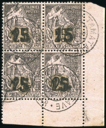 Stamp of Colonies françaises » Madagascar (Poste française) 1891 15 sur 25c noir sur rose en bloc de 4 coin de