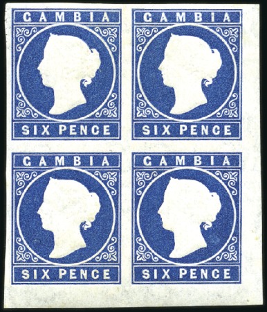 Stamp of Gambia 1874 6d Blue, wmk crown CC, lower right corner mar