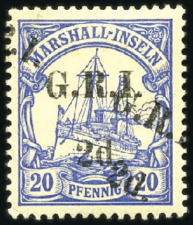 Stamp of Germany » German Colonies » Marshall Islands » German Colonies Marshall Islands British Occupation 1914 German Colonial Issue 2d on 20pfg carmine & b