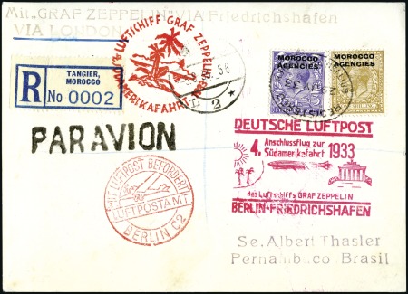 Stamp of Morocco Agencies (British Post Offices) 1933 ZEPPELIN: Registered postcard franked 1Sh + 3