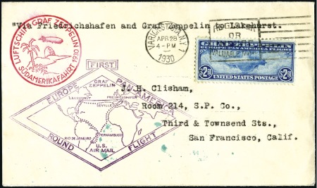 Stamp of United States 1930 2$60 Zeppelin tied to Zeppelin cover bearing 