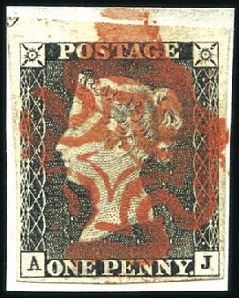 Stamp of Great Britain » 1840 1d Black and 1d Red plates 1a to 11 Plate 1a AJ top marginal with fine to huge margins