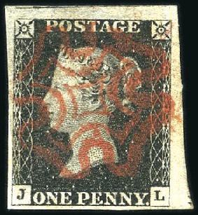 Stamp of Great Britain » 1840 1d Black and 1d Red plates 1a to 11 Plate 1b JL with good to huge margins, crisp red M