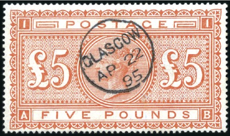 Stamp of Great Britain » 1855-1900 Surface Printed 1882 £5 Orange AB with super Glasgow thimble cds, 