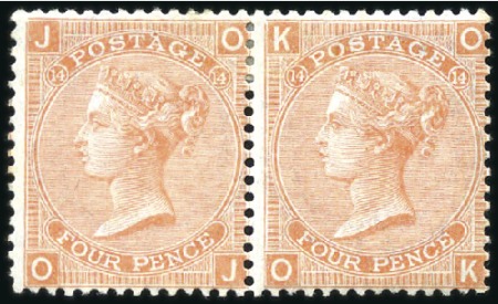 Stamp of Great Britain » 1855-1900 Surface Printed 1865 4d Vermilion pl.14 mint hr pair, very fine an
