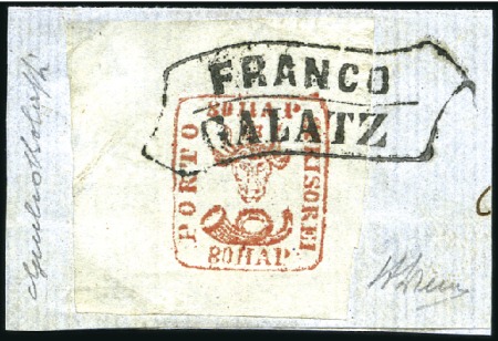 Stamp of Romania 1858-61 80 Parale red on bluish paper, top left co