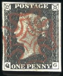 Stamp of Great Britain » 1840 1d Black and 1d Red plates 1a to 11 Group of 4 penny blacks and a pair; pl.1b QG good 