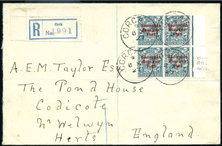 Stamp of Ireland » 1922-23 Thom Three-Line Overprints (T47-T61) 4d Grey green, sheet marginal block of four, one s