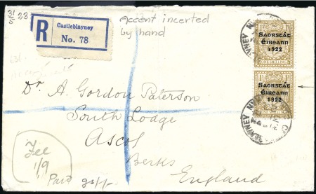 Stamp of Ireland » 1922-23 Thom Three-Line Overprints (T47-T61) 1s Bistre-brown, vertical pair, one showing ACCENT