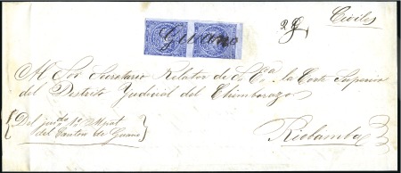 Stamp of Ecuador » 1865-72 First Issue 1/2r Blue, vert. pair with top sheet margin and cl