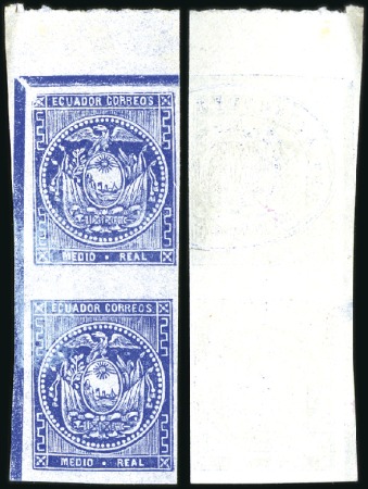 Stamp of Ecuador » 1865-72 First Issue 1/2r Dark Blue, vertical pair with T & L sheet mar
