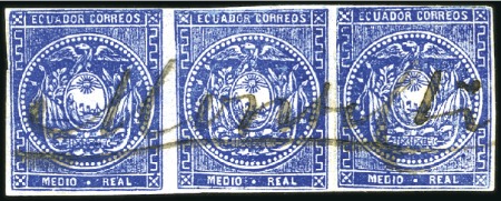 Stamp of Ecuador » 1865-72 First Issue 1/2r Dark Blue, horiz. strip of 3 with right stamp