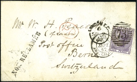 Stamp of Great Britain » 1855-1900 Surface Printed 1862 (Sep 2) Envelope from London to Switzerland w