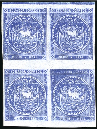 Stamp of Ecuador » 1865-72 First Issue 1/2r Medium Blue, top margin block of four on slig