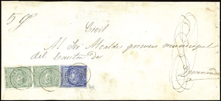 Stamp of Ecuador » 1865-72 First Issue 1/2r Blue,  2nd printing, plus vert. pair of 1r Gr