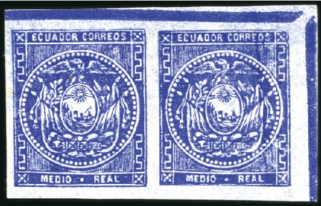 Stamp of Ecuador » 1865-72 First Issue 1/2r Indigo, intense colour, TR corner margin pair