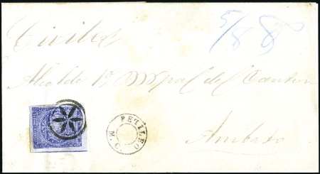 Stamp of Ecuador » 1865-72 First Issue 1/2r Blue, 3rd printing, tied to large part of 186