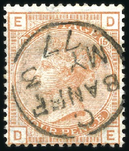 Stamp of Great Britain » 1855-1900 Surface Printed 1873-80 4d Vermilion pl.15 with crisp Banff (Scotl