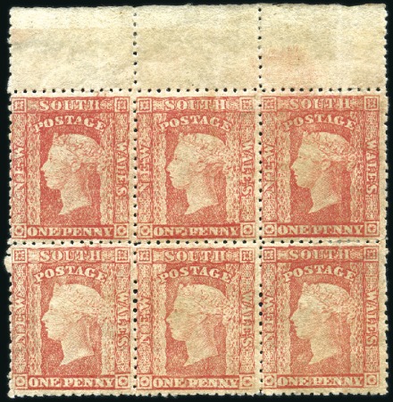 Stamp of Australia » New South Wales 1860-72 1d Red mint og top marginal block of six, 