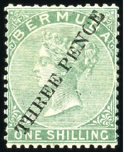 Stamp of Bermuda 1874 3d on 1s Green, part og with slightly heavy h
