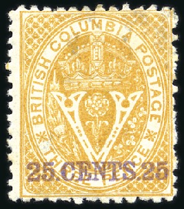 Stamp of Canada » British Columbia and Vancouver 1868-71 25c Yellow perf. 12 1/2, mint og, a slight