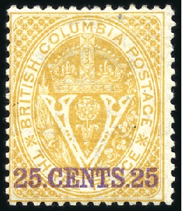 Stamp of Canada » British Columbia and Vancouver 1868-71 2c Brown and 25c Yellow perf.14, both mint
