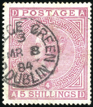 Stamp of Great Britain » 1855-1900 Surface Printed 1867-83 5s Rose, wmk Anchor, with neat College Gre
