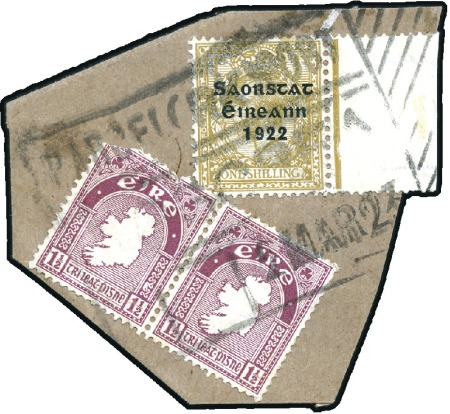 Stamp of Ireland » 1922-23 Thom Three-Line Overprints (T47-T61) 1s Bistre-brown, left sheet marginal single showin