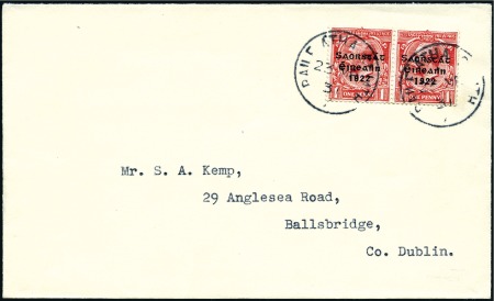 Stamp of Ireland » 1923 Harrison Coils Overprints (T62-65) 1d Scarlet, horizontal coil pair, one showing long