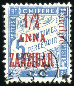 Stamp of Colonies françaises » Zanzibar (Poste française) 1904 1/2a sur 5c taxe, obl., TB, rare, signé Roume