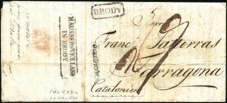Stamp of Russia » Russia Imperial Pre-Stamp Postal History 1805 Cover from Tulezyn to Spain with boxed "Brody