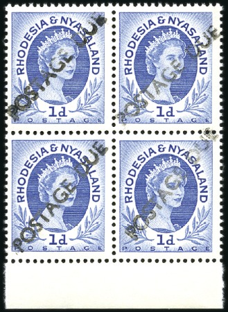 Stamp of Rhodesia and Nyasaland 1954-56 1d Ultramarine with "POSTAGE DUE" hs diago