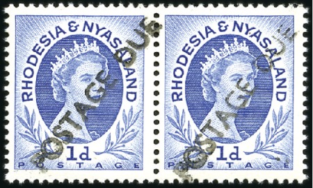 Stamp of Rhodesia and Nyasaland 1954-56 1d Ultramarine with "POSTAGE DUE" hs diago