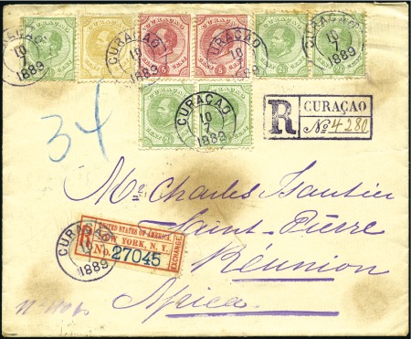 Stamp of Netherlands » Netherlands Colonies » Curacao 1889 Three-colour registered franking to REUNION I
