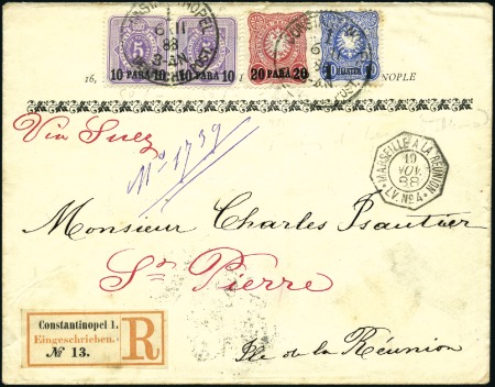 Stamp of Germany » German Foreign Offices » German Post in Turkey 1888 Superb reg'd three-colour franking to REUNION