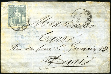 Stamp of Trinidad and Tobago 1882 (Oct 20) Envelope to France with 1876 4d blui