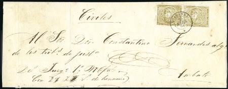 Stamp of Ecuador » 1865-72 First Issue 1r Olive, 1st printing plate, vert. pair (pos. 34/
