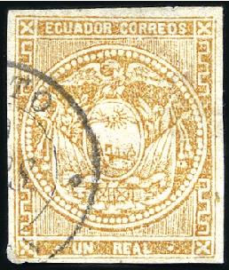 Stamp of Ecuador » 1865-72 First Issue 1r Orange Brown, partial Quito cds, shows WATERMAR
