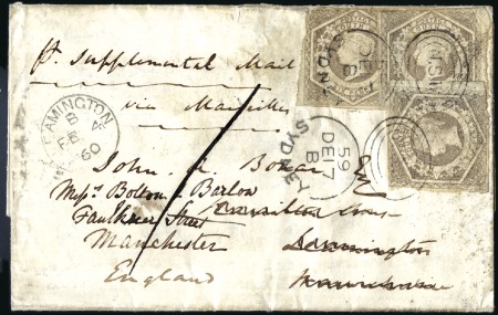 Stamp of Australia » New South Wales 1859 (Dec 17) Wrapper with three 1854-59 5d (overl