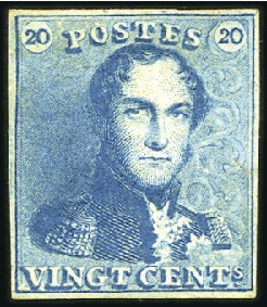 Stamp of Belgium » Belgique. 1849 Epaulettes - Émission 20c Bleu, belles marges tout autour, neuf avec gom