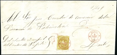 Stamp of Ecuador » 1865-72 First Issue 1r Yellowish Olive, 2nd printing, tied by red PUJI