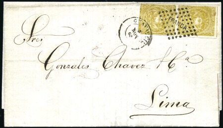Stamp of Ecuador » 1865-72 First Issue 1r Dark Yellowish Olive, 2nd printing, vert. pair 