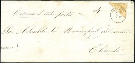 Stamp of Ecuador » 1865-72 First Issue BISECT of 1r Yellow-Orange, 1st printing, tied by 