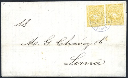 Stamp of Ecuador » 1865-72 First Issue 1r Bright Yellow, 3rd printing, pair tied to compl