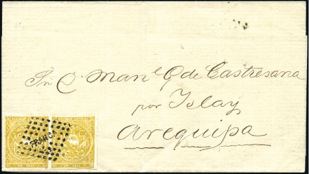 Stamp of Ecuador » 1865-72 First Issue 1r Brownish Yellow pair with rhombic dotted "FRANC