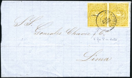 Stamp of Ecuador » 1865-72 First Issue 1r Brownish Yellow 3rd printing pair tied with one