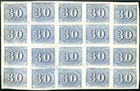 Stamp of Brazil 1854 30r blue "Coloridos" in block of 20, mostly n