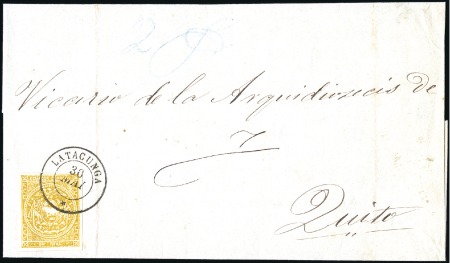 Stamp of Ecuador » 1865-72 First Issue 1r "Chrome Orange" from 3rd printing, single tied 