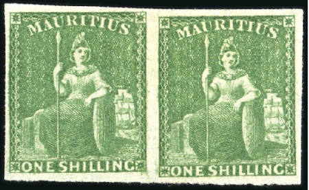 Stamp of Mauritius 1859-61 1s Yellow-Green mint og pair, very fine an
