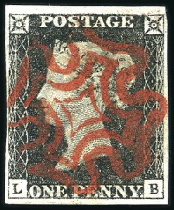 Stamp of Great Britain » 1840 1d Black and 1d Red plates 1a to 11 Plate 4 LB with fine to large margins, vivid red M